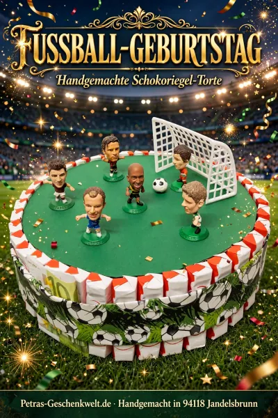 Handgemachte Fußball Schokoriegel Torte mit gelb-blauem Band und 100 Euro Geldscheinen als Geldgeschenk mit 8 Fußballspieler Figuren Tor und Fußball auf grünem Spielfeld - Unikat Petras-Geschenkwelt 94118 Jandelsbrunn
